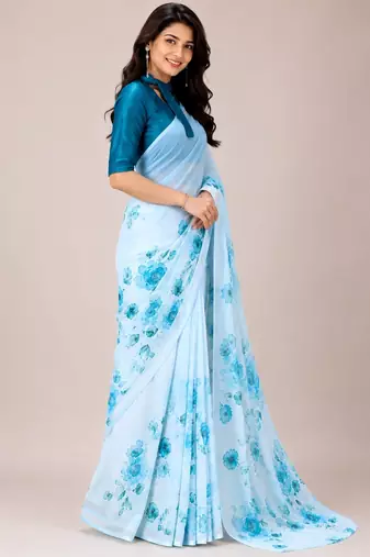 Sky color all over floral printed georgette saree with separate unstitched blouse