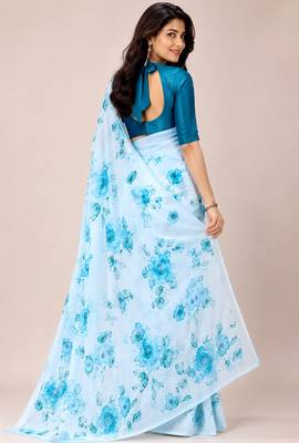 Sky color all over floral printed georgette saree with separate unstitched blouse 3