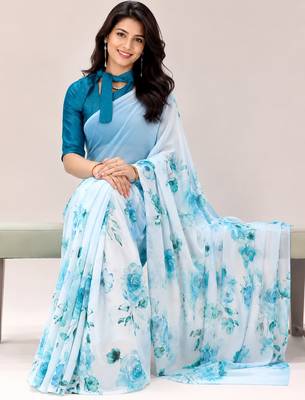 Sky color all over floral printed georgette saree with separate unstitched blouse 4