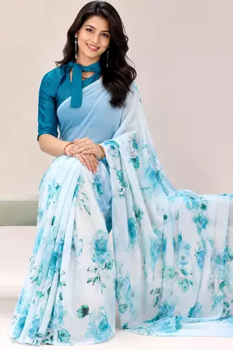 Sky color all over floral printed georgette saree with separate unstitched blouse