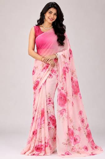 Pink color all over floral printed georgette saree with separate unstitched blouse