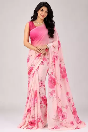 Pink color all over floral printed georgette saree with separate unstitched blouse