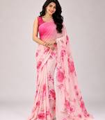 Pink color all over floral printed georgette saree with separate unstitched blouse