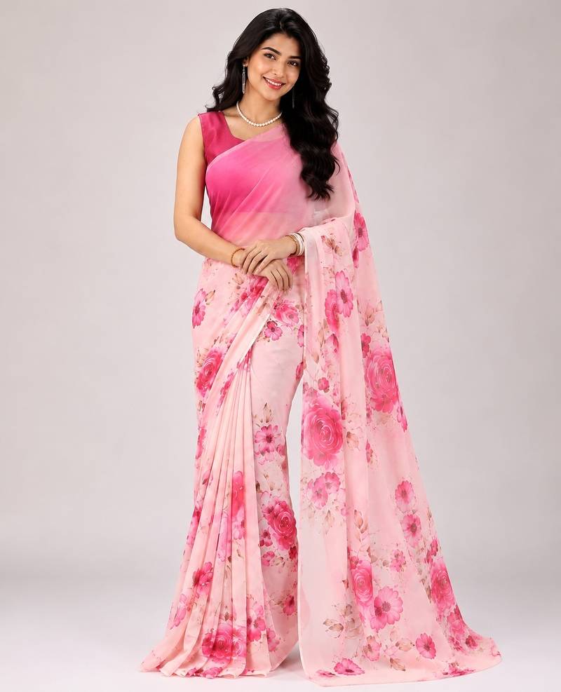 Pink color all over floral printed georgette saree with separate unstitched blouse