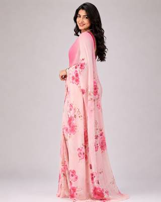 Pink color all over floral printed georgette saree with separate unstitched blouse 2