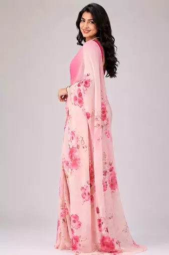 Pink color all over floral printed georgette saree with separate unstitched blouse