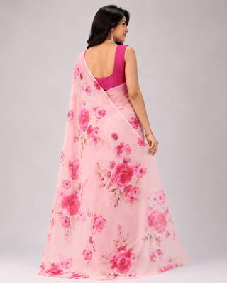 Pink color all over floral printed georgette saree with separate unstitched blouse 3