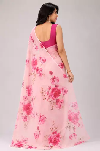 Pink color all over floral printed georgette saree with separate unstitched blouse