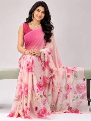 Pink color all over floral printed georgette saree with separate unstitched blouse 4