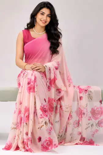 Pink color all over floral printed georgette saree with separate unstitched blouse