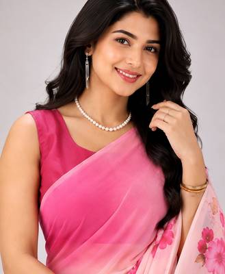 Pink color all over floral printed georgette saree with separate unstitched blouse 5