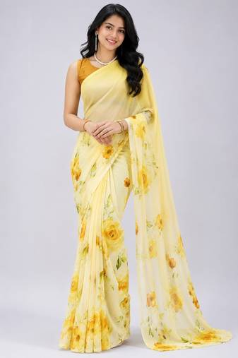 Yellow color all over floral printed georgette saree with separate unstitched blouse