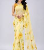 Yellow color all over floral printed georgette saree with separate unstitched blouse