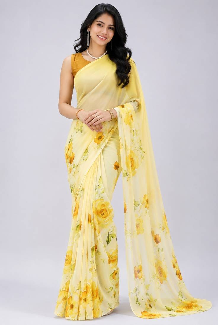 Yellow color all over floral printed georgette saree with separate unstitched blouse