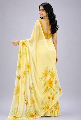 Yellow color all over floral printed georgette saree with separate unstitched blouse 2