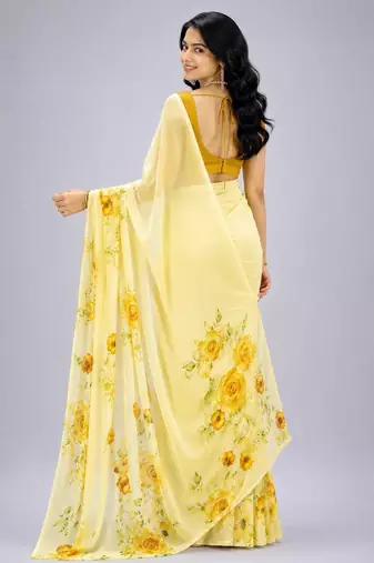 Yellow color all over floral printed georgette saree with separate unstitched blouse