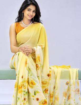 Yellow color all over floral printed georgette saree with separate unstitched blouse 3
