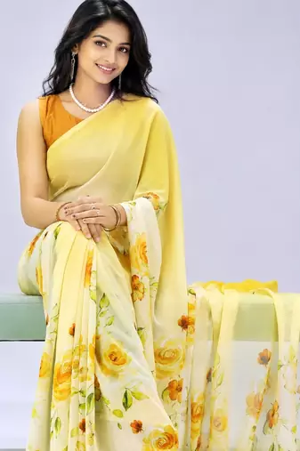 Yellow color all over floral printed georgette saree with separate unstitched blouse