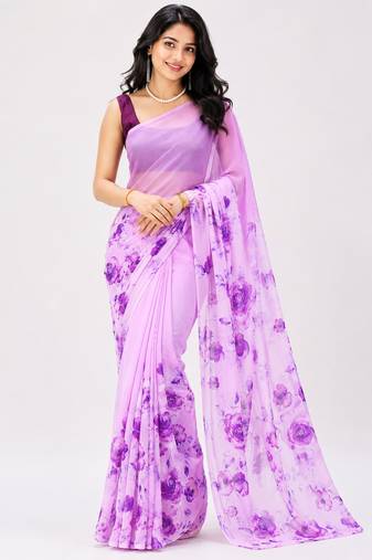 Purple color all over floral printed georgette saree with separate unstitched blouse