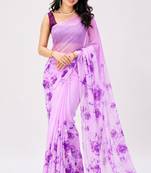 Purple color all over floral printed georgette saree with separate unstitched blouse