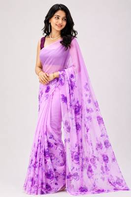 Purple color all over floral printed georgette saree with separate unstitched blouse 2