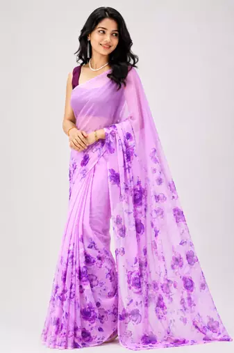 Purple color all over floral printed georgette saree with separate unstitched blouse