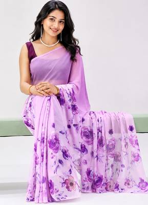 Purple color all over floral printed georgette saree with separate unstitched blouse 3