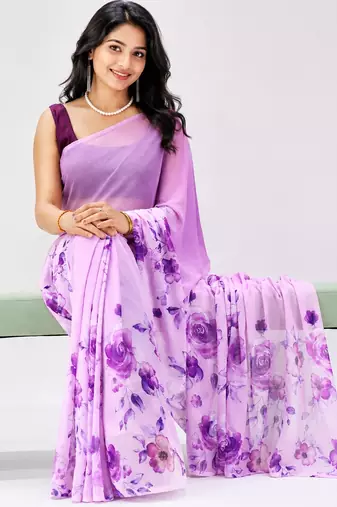 Purple color all over floral printed georgette saree with separate unstitched blouse