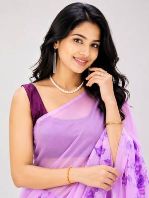 Purple color all over floral printed georgette saree with separate unstitched blouse 4