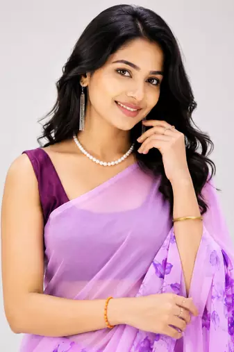 Purple color all over floral printed georgette saree with separate unstitched blouse