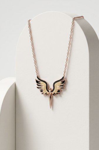 925 Sterling Silver Rose Gold Plated Angel Wings Pendant Necklace with Black Cubic Zirconia