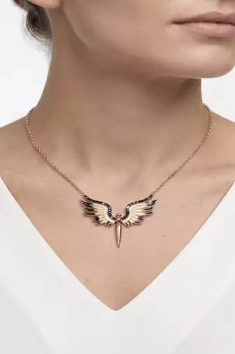 925 Sterling Silver Rose Gold Plated Angel Wings Pendant Necklace with Black Cubic Zirconia