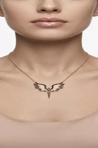 925 Sterling Silver Rose Gold Plated Angel Wings Pendant Necklace with Black Cubic Zirconia