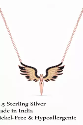 925 Sterling Silver Rose Gold Plated Angel Wings Pendant Necklace with Black Cubic Zirconia