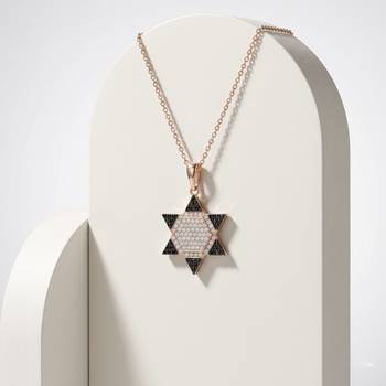 925 Sterling Silver Rose Gold Plated Star of David Pendant Necklace Set with Black & White Cubic Zircon 1