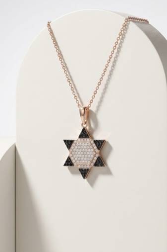925 Sterling Silver Rose Gold Plated Star of David Pendant Necklace with Black & White Cubic Zirconia