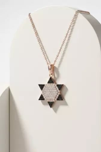 925 Sterling Silver Rose Gold Plated Star of David Pendant Necklace Set with Black & White Cubic Zircon