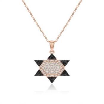 925 Sterling Silver Rose Gold Plated Star of David Pendant Necklace Set with Black & White Cubic Zircon 2