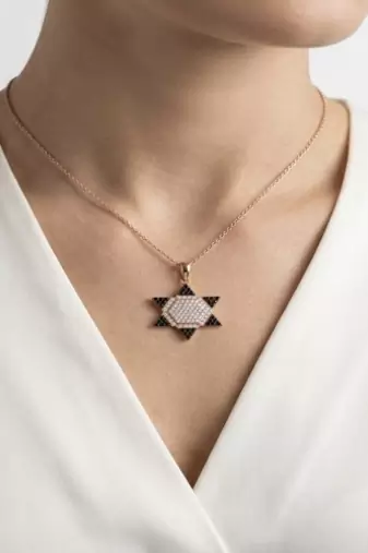 925 Sterling Silver Rose Gold Plated Star of David Pendant Necklace Set with Black & White Cubic Zircon