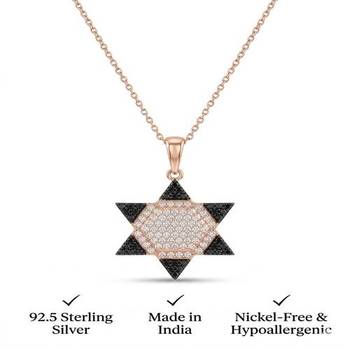 925 Sterling Silver Rose Gold Plated Star of David Pendant Necklace Set with Black & White Cubic Zircon 5