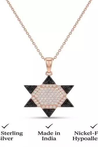 925 Sterling Silver Rose Gold Plated Star of David Pendant Necklace Set with Black & White Cubic Zircon
