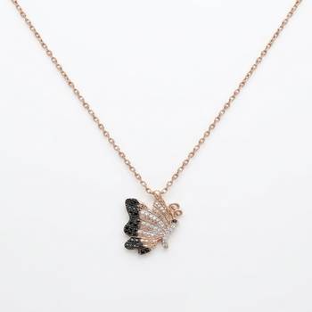 925 Sterling Silver Rose Gold Plated Butterfly Pendant Necklace Set with Black & White Cubic Zircon 1