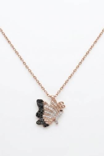 925 Sterling Silver Rose Gold Plated Butterfly Pendant Necklace Set with Black & White Cubic Zircon