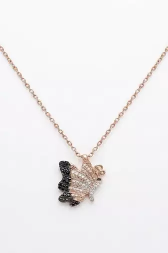 925 Sterling Silver Rose Gold Plated Butterfly Pendant Necklace Set with Black & White Cubic Zircon