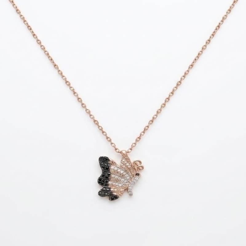925 Sterling Silver Rose Gold Plated Butterfly Pendant Necklace with Black & White Cubic Zirconia