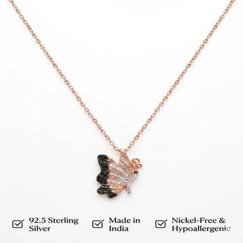 925 Sterling Silver Rose Gold Plated Butterfly Pendant Necklace Set with Black & White Cubic Zircon 5