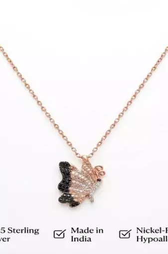 925 Sterling Silver Rose Gold Plated Butterfly Pendant Necklace Set with Black & White Cubic Zircon