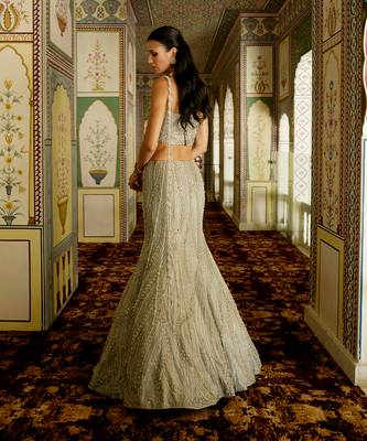 Champagne Gold Embroidered Tissue Mermaid Lehenga Set 2