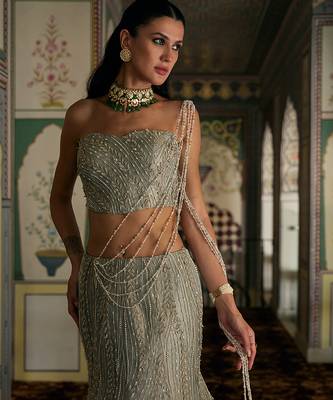Champagne Gold Embroidered Tissue Mermaid Lehenga Set 3