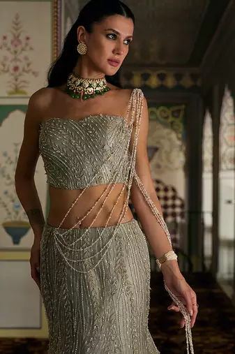 Champagne Gold Embroidered Tissue Mermaid Lehenga Set